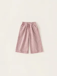 Girls 100% Cotton Casual Polka Dot Wide Leg Trousers Minimalist Pink Elastic Waist Long Pants For Kids Daily School Wear