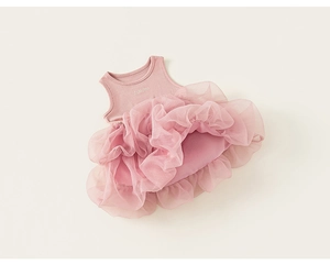Detail of pink sleeveless mesh dress featuring embroidered lettering and soft tulle layers