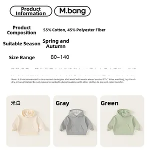 Kids hoodies size chart showing cotton fabric blend and colors in white grey and green