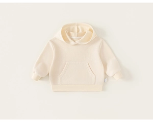 Close-up of cream white toddler hoodie featuring kangaroo pocket and ribbed cuffs