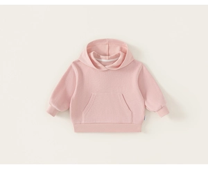 Detailed view of pink toddler hoodie with kangaroo pocket and soft ribbed cuffs