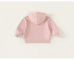 Detail view of pink kids hoodie back with soft cotton fabric and ribbed sleeve cuffs