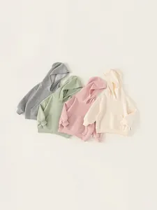 Kids Minimalist Cotton Hoodie Long Sleeve Pullover Sweatshirt With Kangaroo Pocket Casual Solid Color Top For Boys Girls