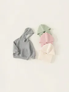 Kids cotton hoodies in grey, mint green, pink and beige with kangaroo pocket and ribbed cuffs