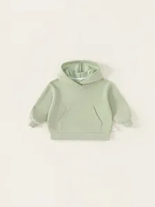 Minimalist kids light green hooded sweatshirt in premium cotton knit with kangaroo pocket