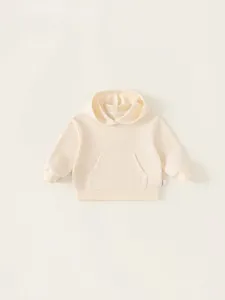 Classic cream kids hooded sweatshirt featuring a kangaroo pocket and ribbed cotton knit cuffs