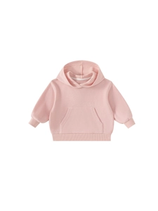 Classic light pink kids hooded sweatshirt with front kangaroo pocket and ribbed cuffs