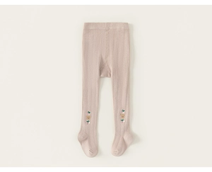 Detailed close-up of pink knit baby leggings with cute bear embroidery and bow accents