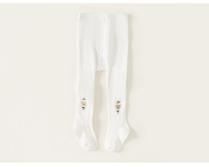 Detail showing soft ribbed white cotton baby leggings with bear and cherry embroidery