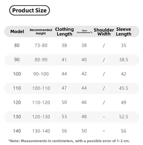Detailed size guide for boys hooded jacket covering heights from 73cm to 140cm