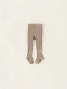 Brown ribbed baby girl leggings with cute bear embroidery and flower details