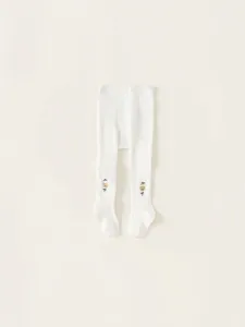 White ribbed knit baby tights with cute bear and cherry embroidery for girls
