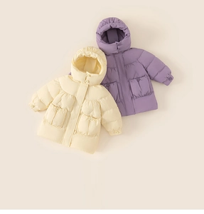 Close-up of windproof hooded down jackets for girls in soft yellow and purple colors