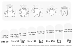 Detailed sizing chart for kids winter coats showing measurements for height and weight