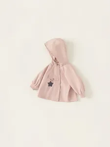 Pink hooded jacket for girls with star charm, ribbed cuffs, and button closure