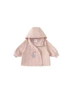 Pink hooded windbreaker for girls with star charm and ribbed cuffs on white background