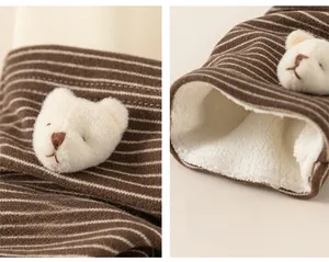 Detail of children striped thermal leggings with plush bear decor and thick fleece lining