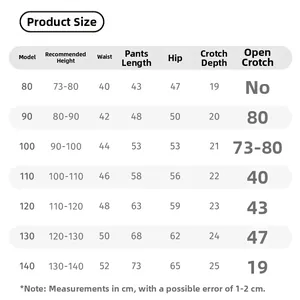 Detailed size chart for kids warm fleece leggings with measurements for heights 80 to 140cm