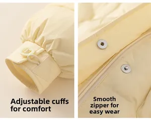 Detail of adjustable cuffs and smooth zipper closure on girls quilted puffer jacket