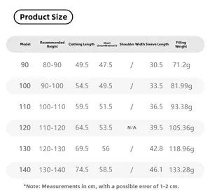 Detailed size chart for girls' down jacket showing height, length and down weight in CM