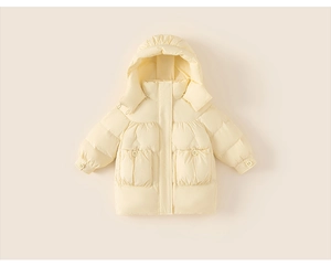 Macro view of cream hooded puffer jacket featuring windproof cuffs and large pockets
