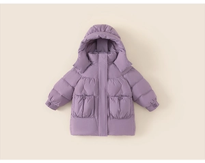 Detail of lavender girls puffer coat with elastic hood and large front pockets