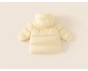 Back view of kids hooded down jacket in creamy yellow with horizontal quilting