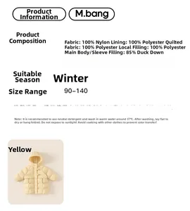 Detailed material composition chart for yellow kids down jacket showing 85% duck down