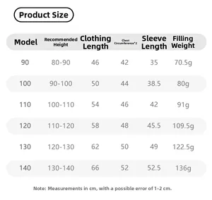 Size chart for girls winter down coat detailing height, length, chest, and down filling weight