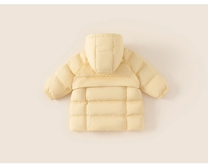 Detail view of the quilted stitching and soft yellow fabric on a hooded kids down jacket
