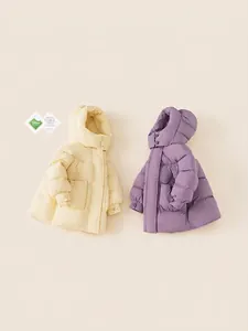 Girls long down puffer jacket in beige and purple colors featuring waterproof fabric