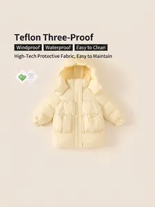 Kids long down coat in cream yellow with windproof hood and DuPont water resistant fabric