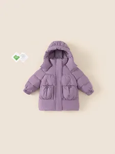Girls long purple hooded down jacket in waterproof windproof Teflon fabric