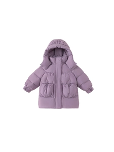Kids long purple down coat with hood and windproof pockets for girls winter warmth
