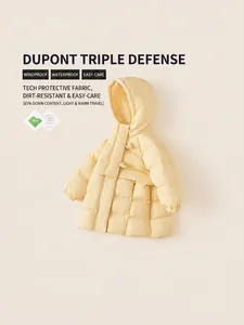 Waterproof yellow hooded down jacket for girls with windproof fabric and warm padding