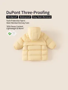Girls long yellow down hooded jacket with Teflon waterproof and stain resistant finish