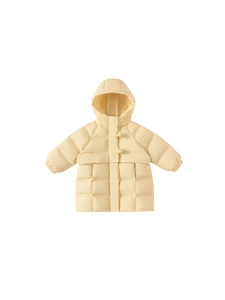 Mid-length pale yellow kids hooded down coat with horn buttons for winter warmth