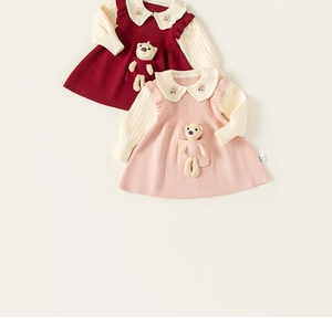 Detailed view of girls knitted dress set with cute plush bear and embroidery