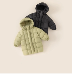 Detailed flat lay of children's long puffer jackets in black and bean green colors