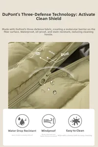 Detail of beige down coat showing waterproof and oil-resistant DuPont fabric technology