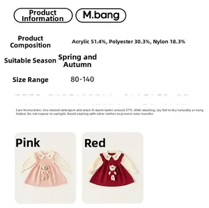 Detail of girl's knit dress showing fabric composition and plush bear pocket design