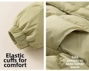 Detail view of elastic ribbed cuffs and side pockets on green long puffer jacket