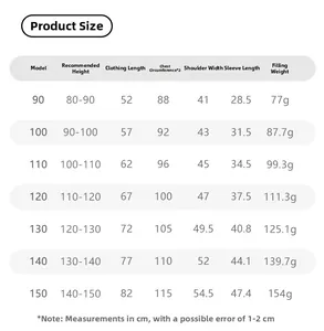 Detailed size chart for kids long down jacket showing length and sleeve measurements