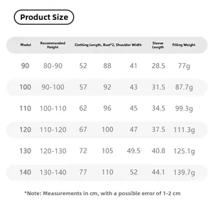 Size chart table for children long down coat with detailed height and weight measurements