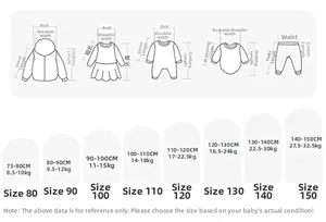 Size chart for children's down coat including height and weight measurements from 80 to 150