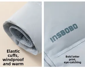 Detail of baby down jacket featuring elastic windproof cuffs and INSBOBO letter print