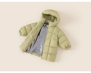 Detail of silver thermal heat reflective lining inside the hooded kids down jacket