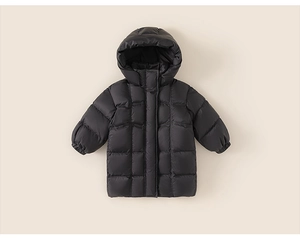 Detailed flat lay of children's long black down jacket with warm quilted hood