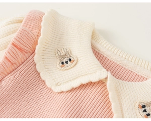 Detail of baby girl knitted dress with white Peter Pan collar and cute rabbit embroidery