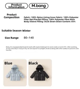 Detailed material tag showing 85% duck down filling and 100% nylon fabric for winter coat